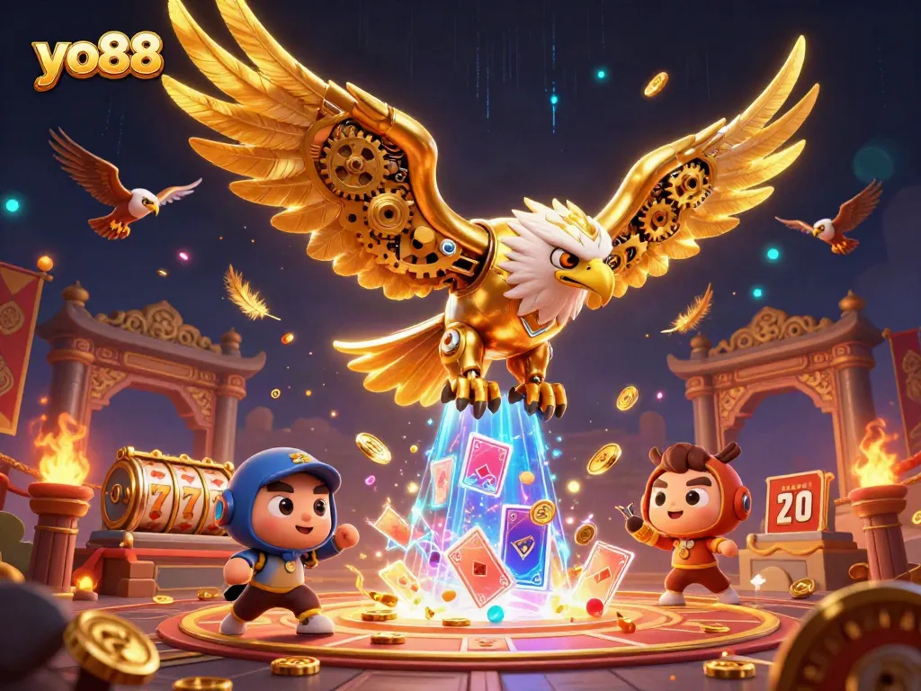 Experience thrilling gameplay with yo88: a vibrant scene featuring a cybernetic eagle amid holographic playing cards.