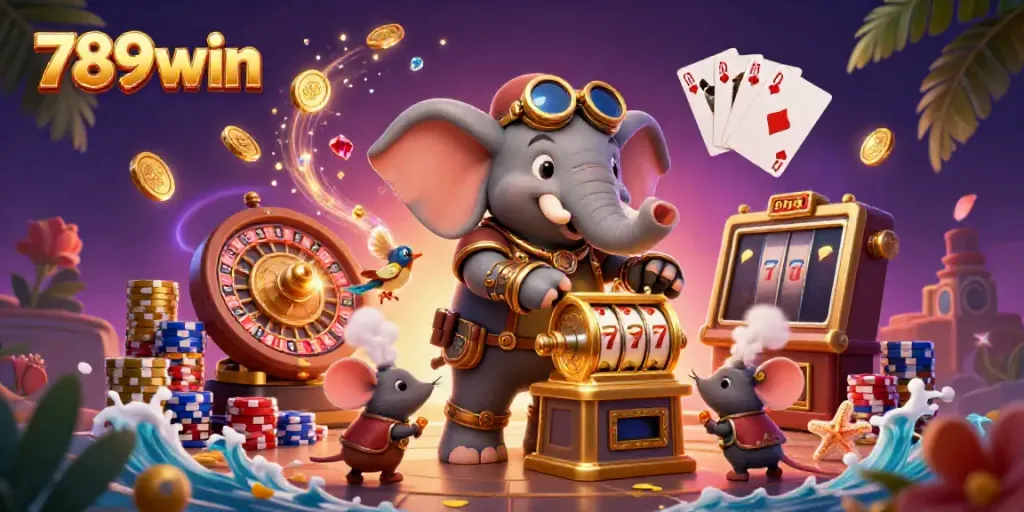 Experience thrilling gameplay at 789win with a colorful steampunk casino scene featuring slot machines and vivid characters.