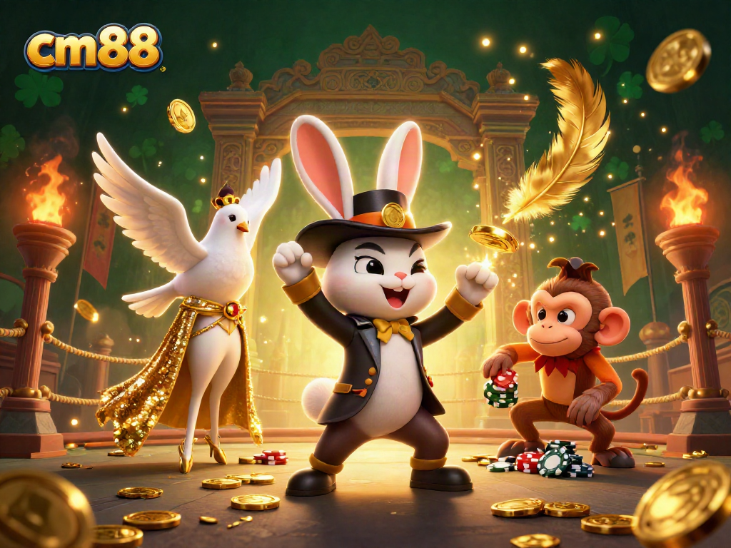 A mesmerizing cm88 scene with a magician rabbit, dove, and monkey amid a vibrant casino backdrop.