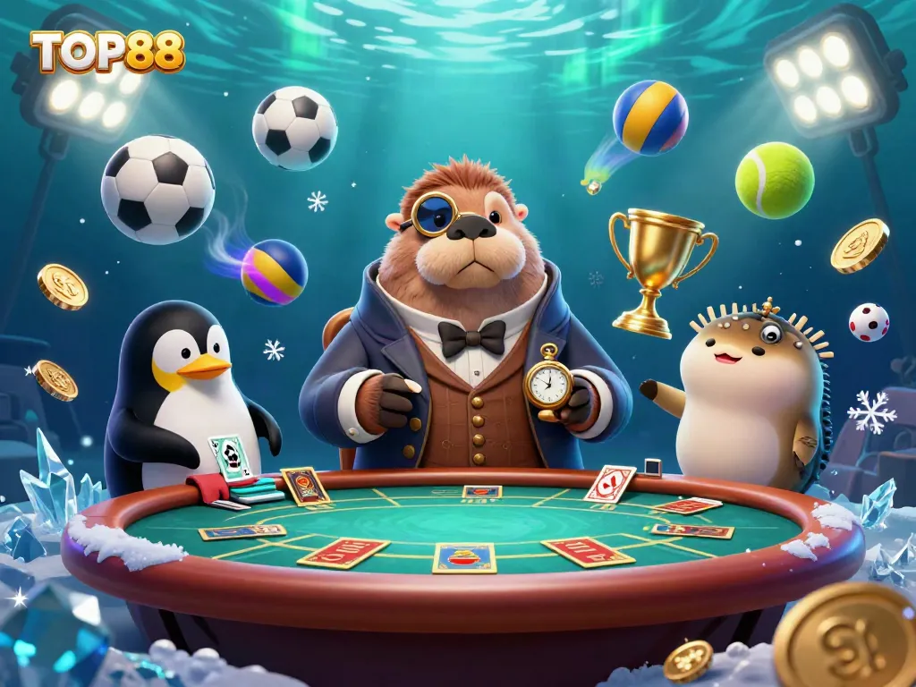 Join the underwater poker game at TOP88 with a walrus and friends, showcasing fun casino elements.