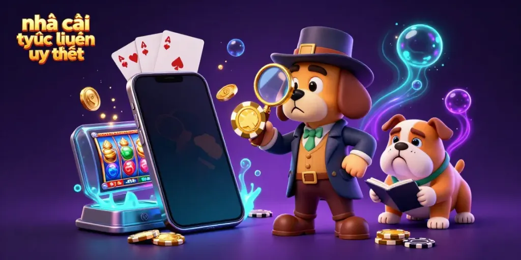 Engage with nhà cái trực tuyến uy tín - A detective and his dog uncovering gambling treasures within a vibrant casino scene.