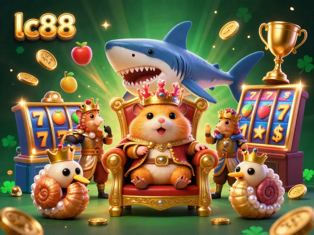 Experience the thrill of lc88 with our vibrant online casino scene filled with a golden hamster king and slot elements.