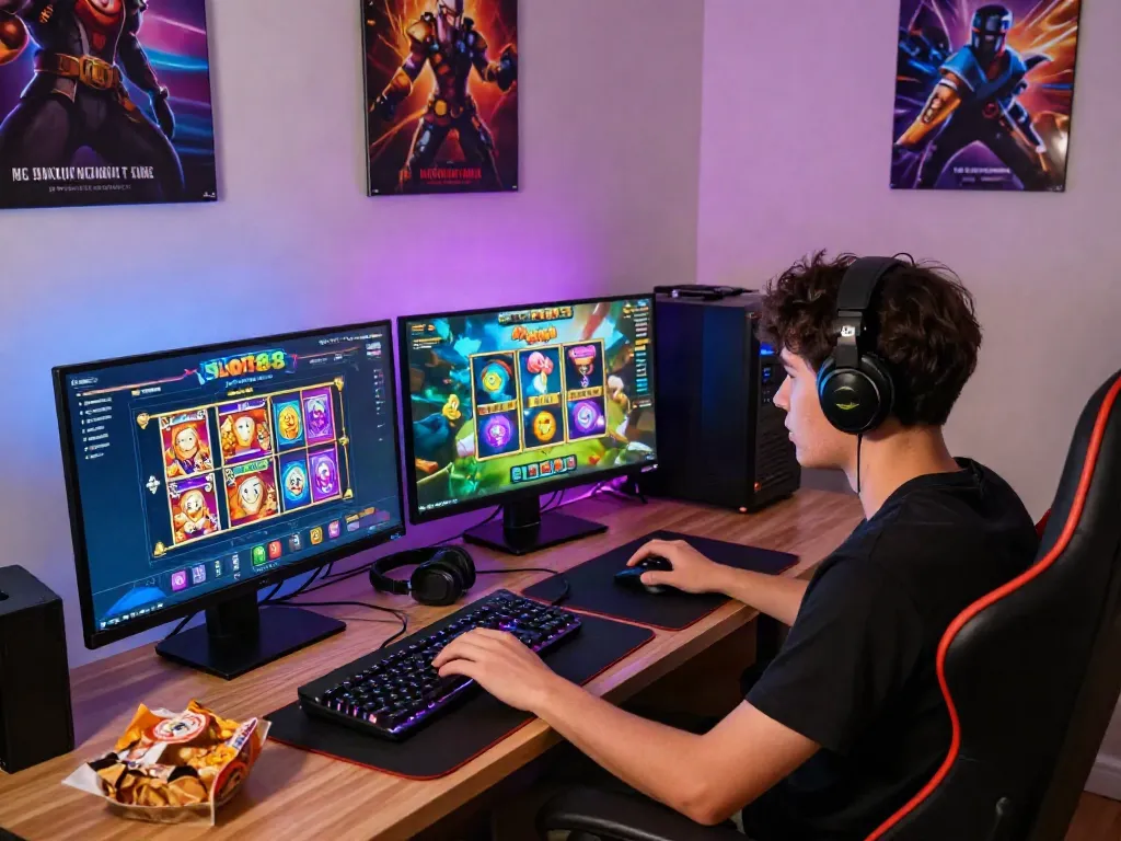 Player enjoying an immersive slot88 gaming experience at a modern computer setup with vibrant displays and accessories.