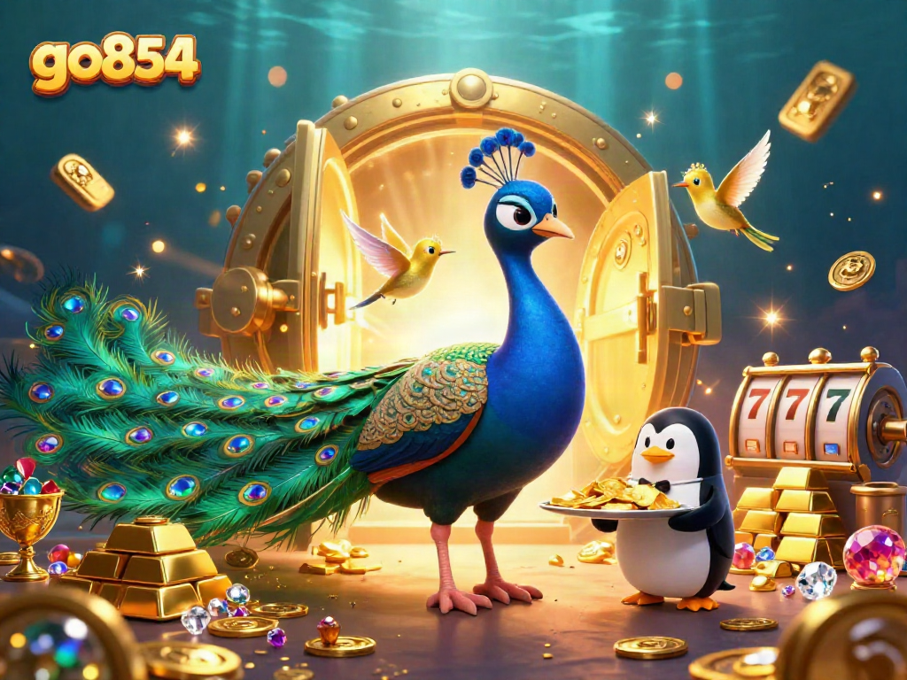 Experience the thrill of go854 slots with the lavish peacock and jewels in this vibrant 3D illustration.