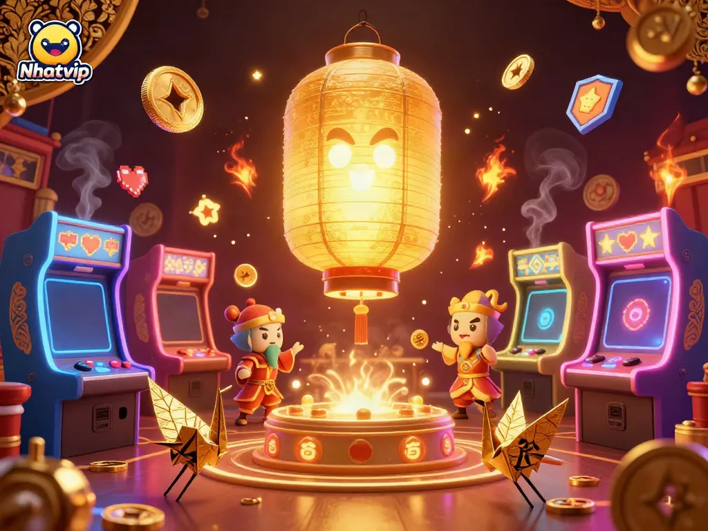 Nhatvip showcases a glowing golden lantern spirit above a lively casino scene with arcade machines and warriors.
