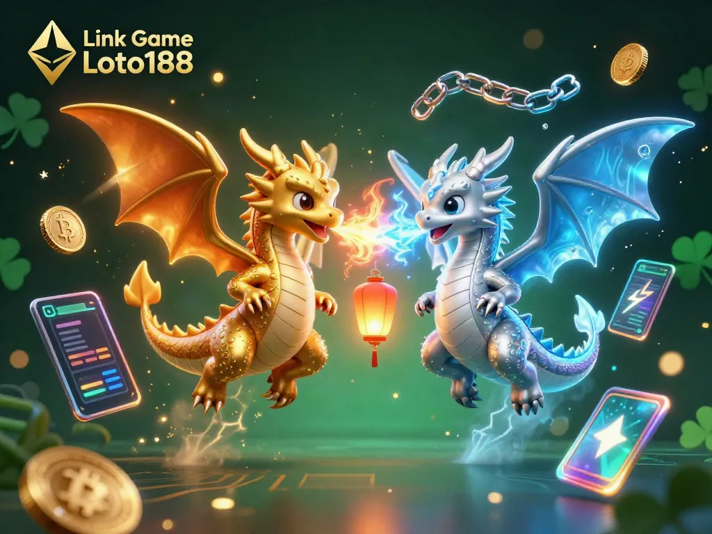 Engage with Link Game Loto188 through dynamic casino elements featuring twin dragons and crypto coins.