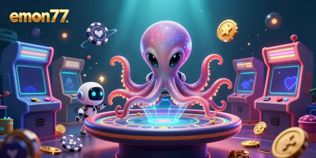 Experience thrilling gameplay with emon77 as a spirited alien octopus entertains at a colorful poker table.