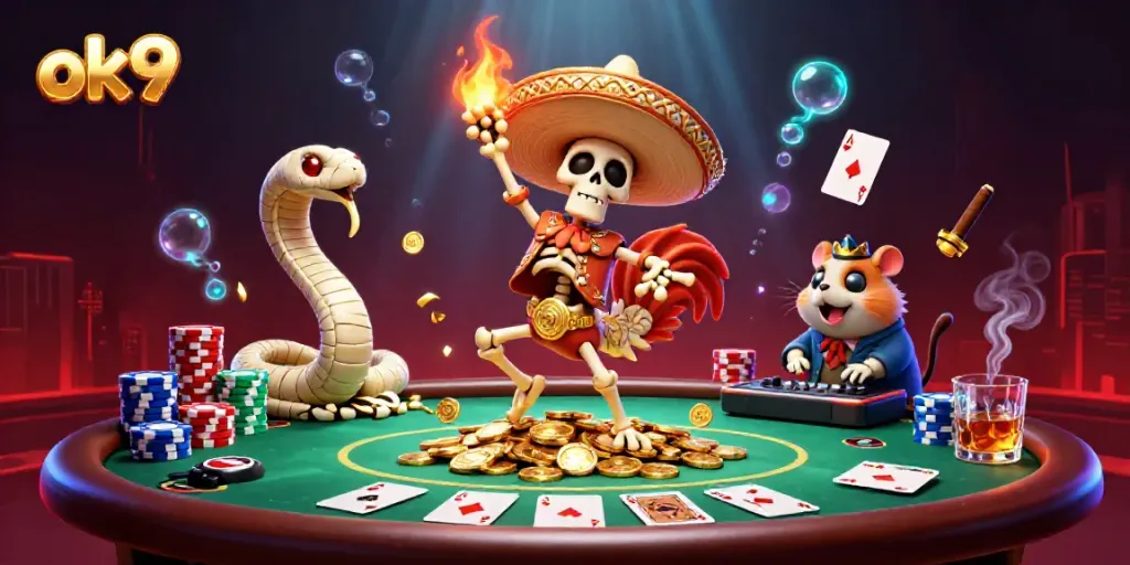 Engage with the thrilling ok9 casino scene featuring vibrant characters and poker elements.