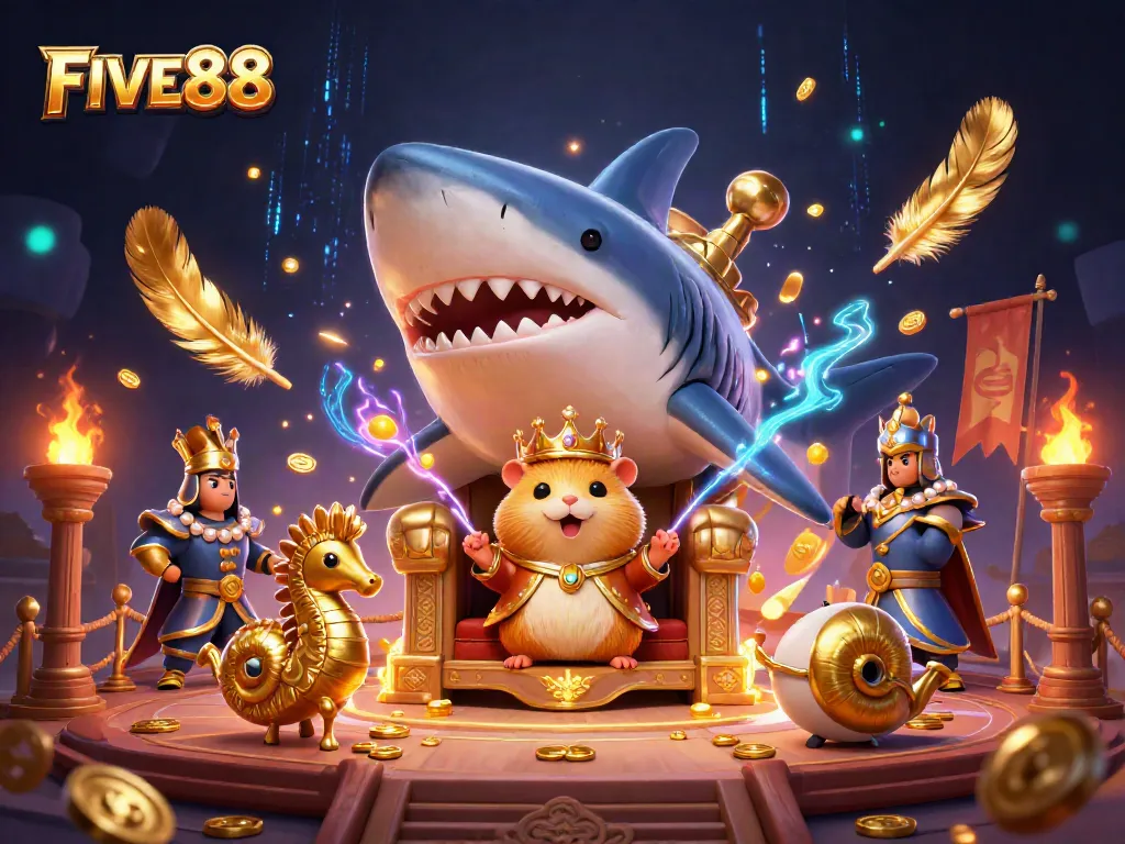 Experience FIVE88's vibrant gambling scene with a tiny hamster king, seahorse guards, and rich casino elements.