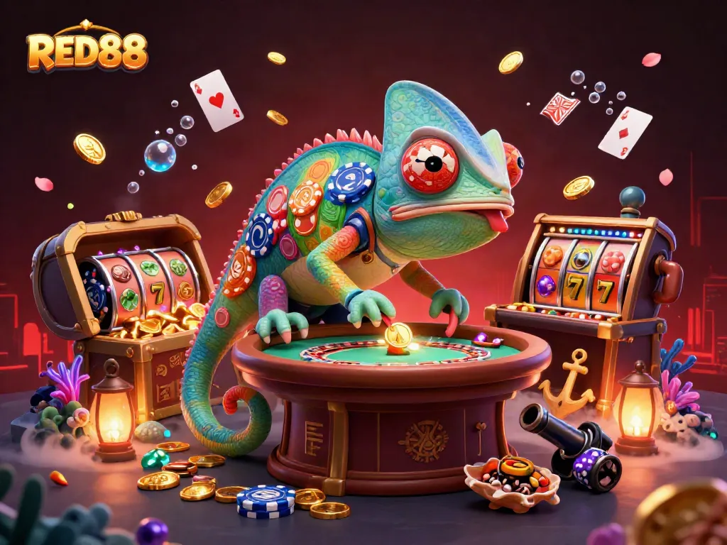 Play and win at RED88, a vibrant casino scene with neon lights, golden coins, and exciting slot machines.