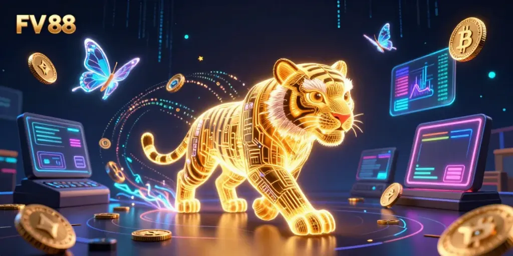 Experience thrill with FV 88 in a vibrant digital casino scene featuring a radiant tiger and crypto elements.