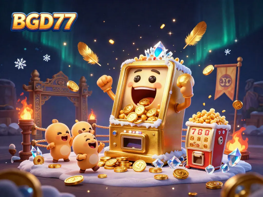 Experience the thrill of BGD77's golden slot machine celebrating a big win amid vibrant casino elements.