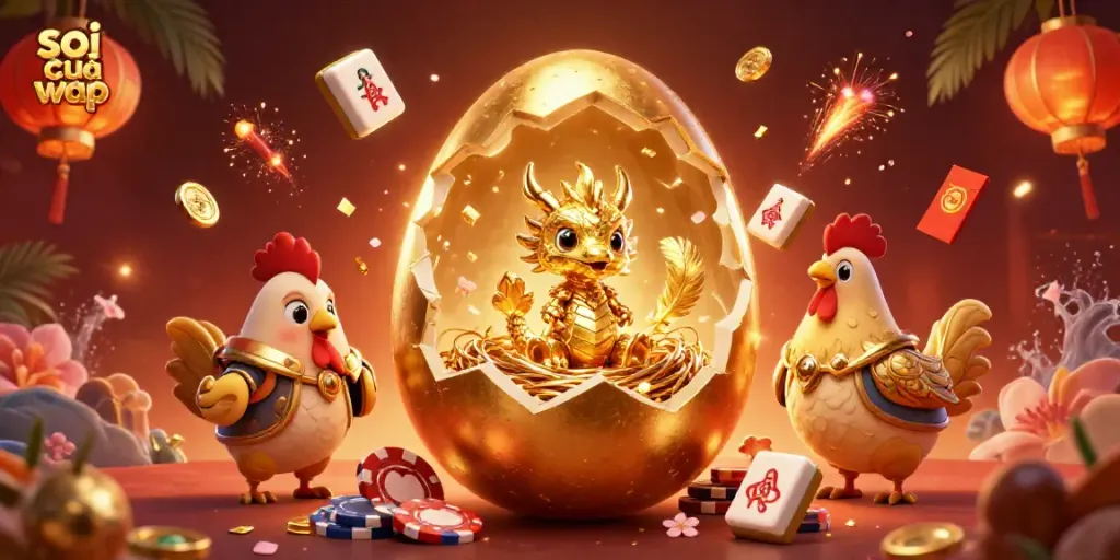 Engage with soi cầu wap and witness a golden dragon surrounded by vibrant gambling elements.