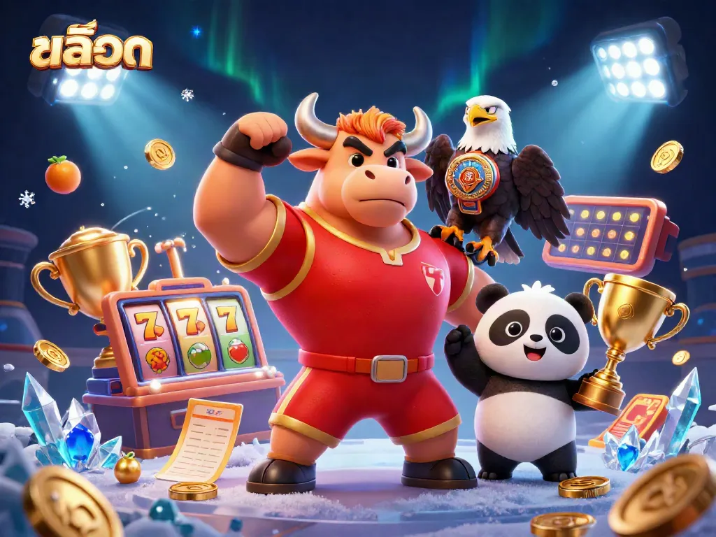 Engage with สล็อต in this vibrant 3D illustration showcasing energetic characters and dynamic game elements.