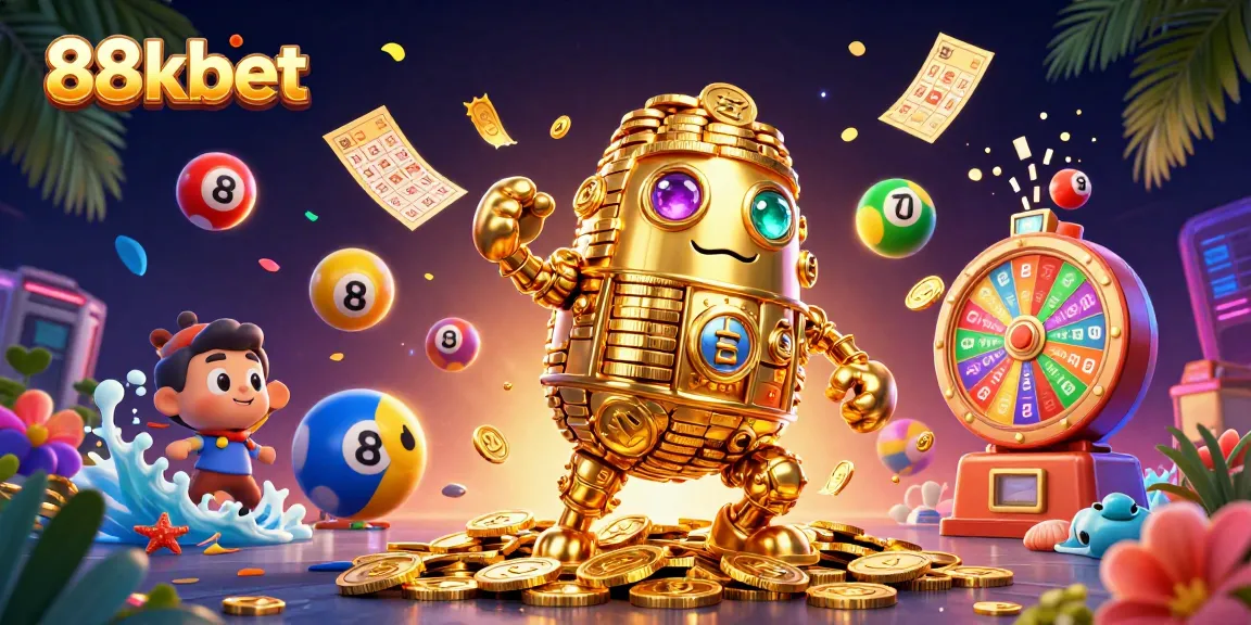 88kbet showcases a vibrant 3D casino scene with a dynamic golden golem and animated lottery elements.