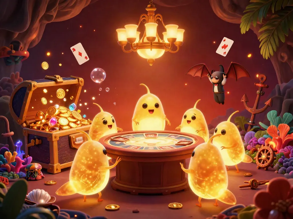 Bet big and play at 123 b's fully illuminated casino cave held by glowworms, showcasing vibrant games.