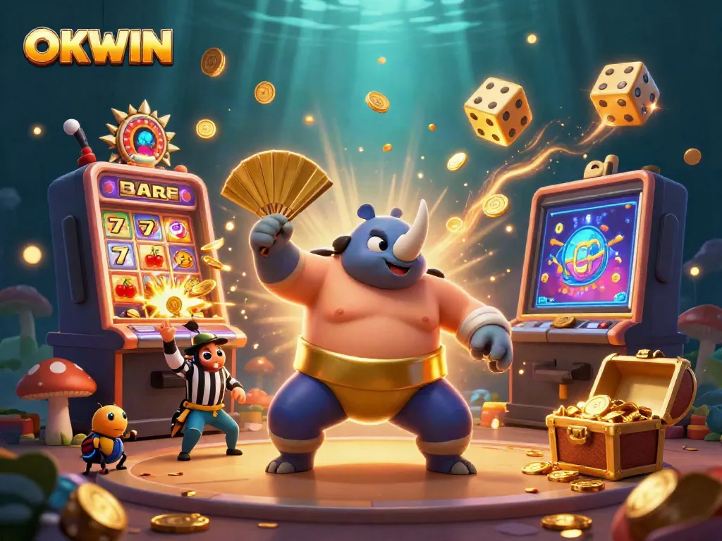 Celebrate wins with the OKWIN slot machine, featuring thrilling jackpot action and vibrant casino elements.