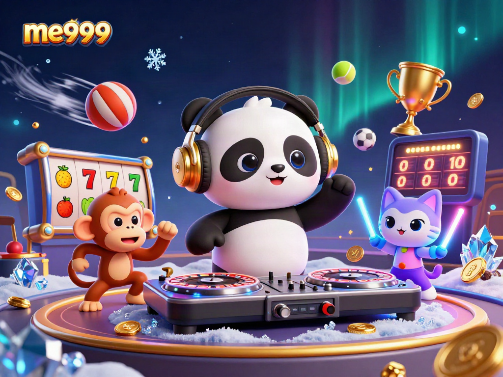 Experience the thrill of me999 with a lively 3D casino scene featuring DJ panda and unique game elements.