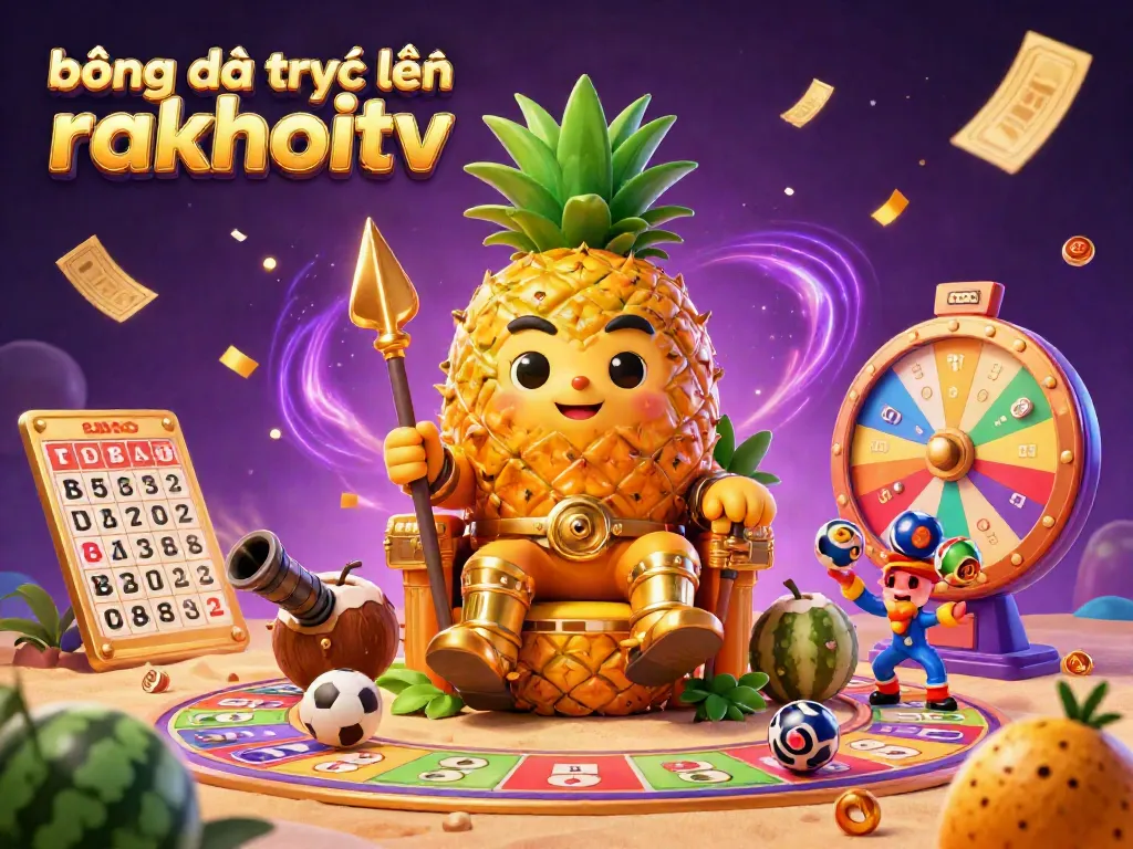 Experience the excitement of bóng đá trực tuyến rakhoitv with this vibrant casino illustration featuring a golden pineapple king and game elements.