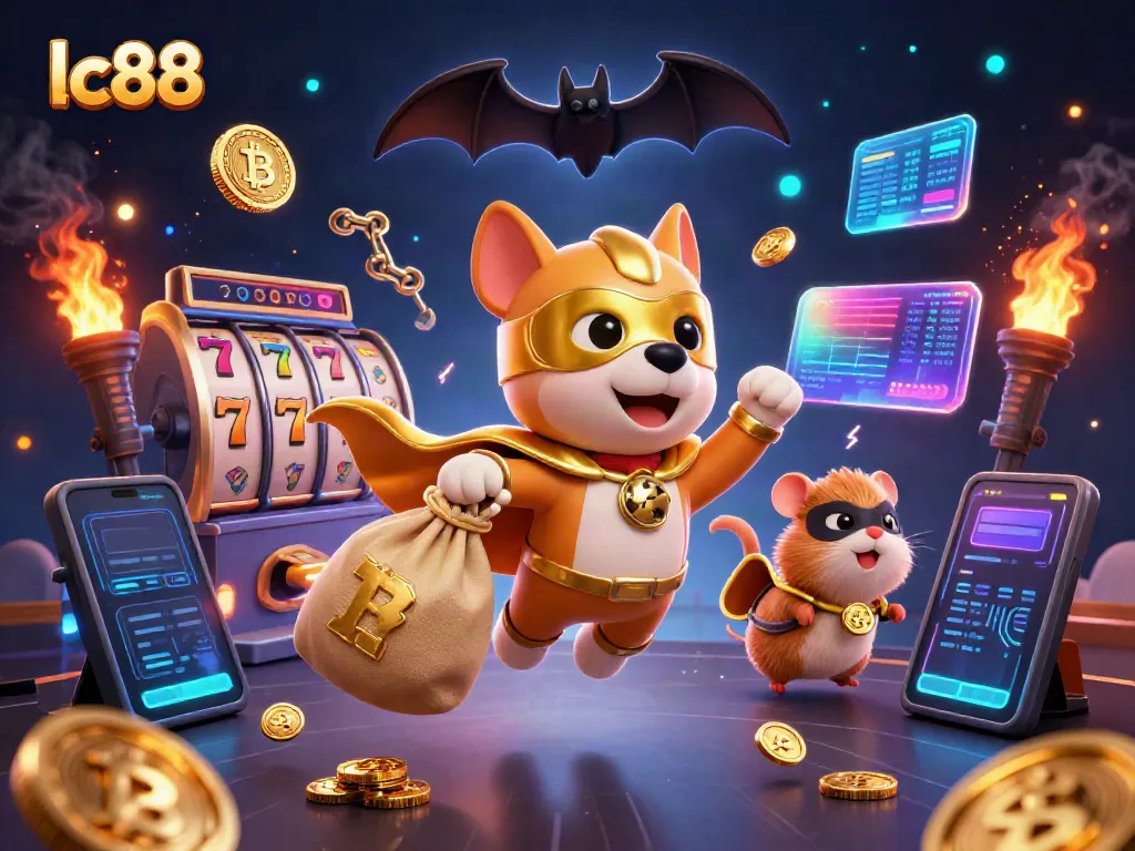 Experience the excitement of lc88 as a superhero dog and hamster collect gold coins in a vibrant casino world.