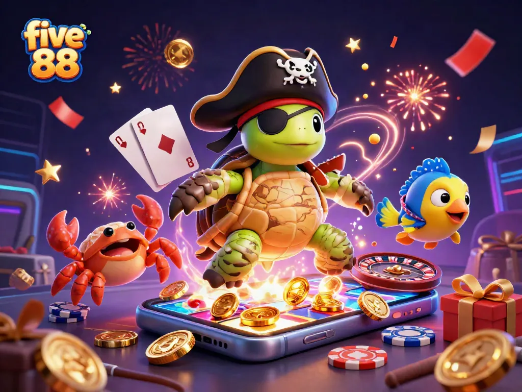 Engage with five 88's vibrant slot games in a dynamic underwater scene featuring playful characters.