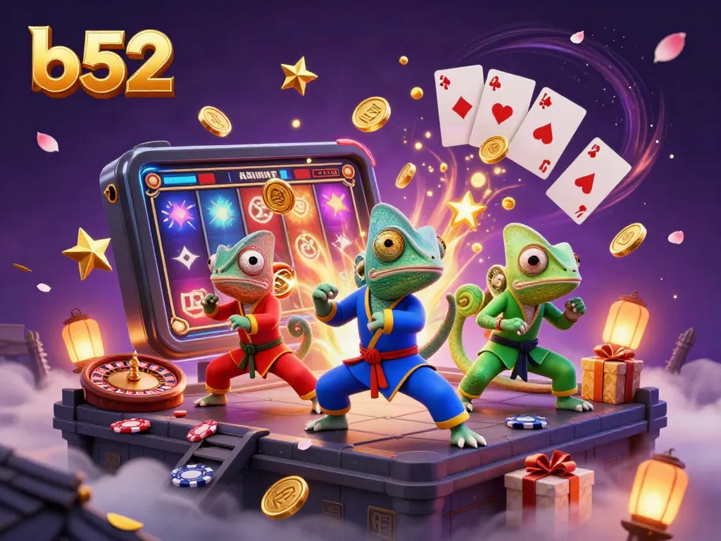 The b52 chameleon team showcases synchronized martial arts with casino elements during a vibrant rooftop scene.