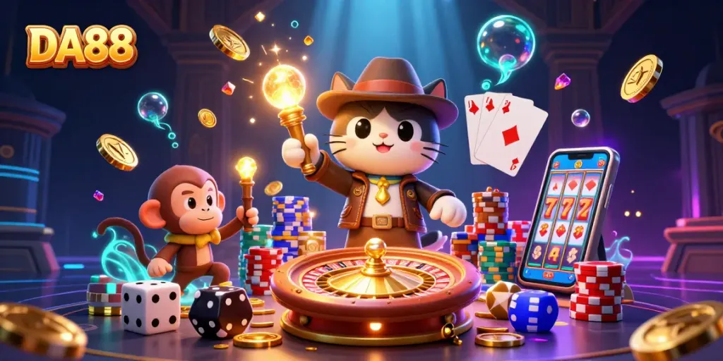Experience the thrill of DA88 in a vibrant casino adventure with a cat explorer and treasures.