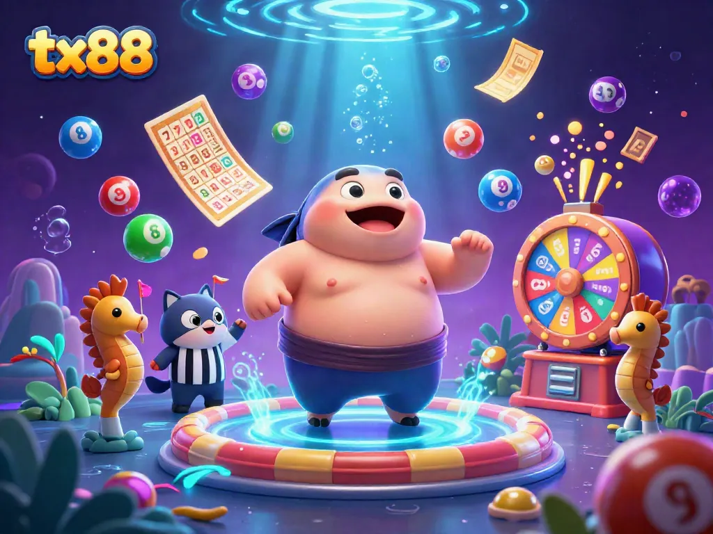 Engage with tx88's vibrant underwater casino scene featuring a fugu sumo, playful cats, and lottery action.