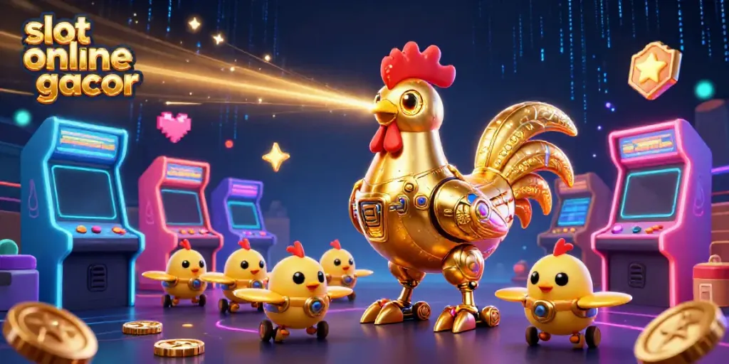 Menggali keberuntungan dengan slot online gacor dalam ilustrasi 3D yang penuh warna dan energi.