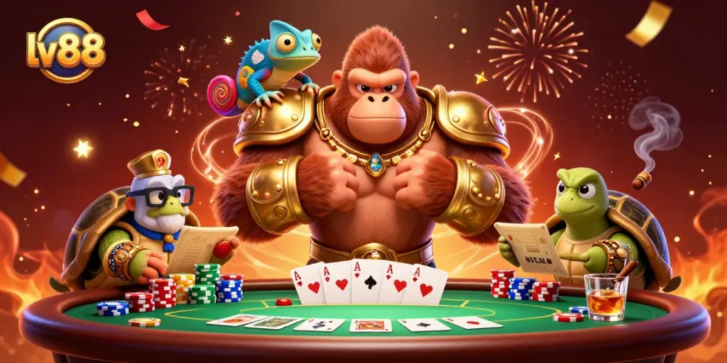 Experience the excitement of lv88 as a gorilla king commands the casino table surrounded by colorful chips and cards.