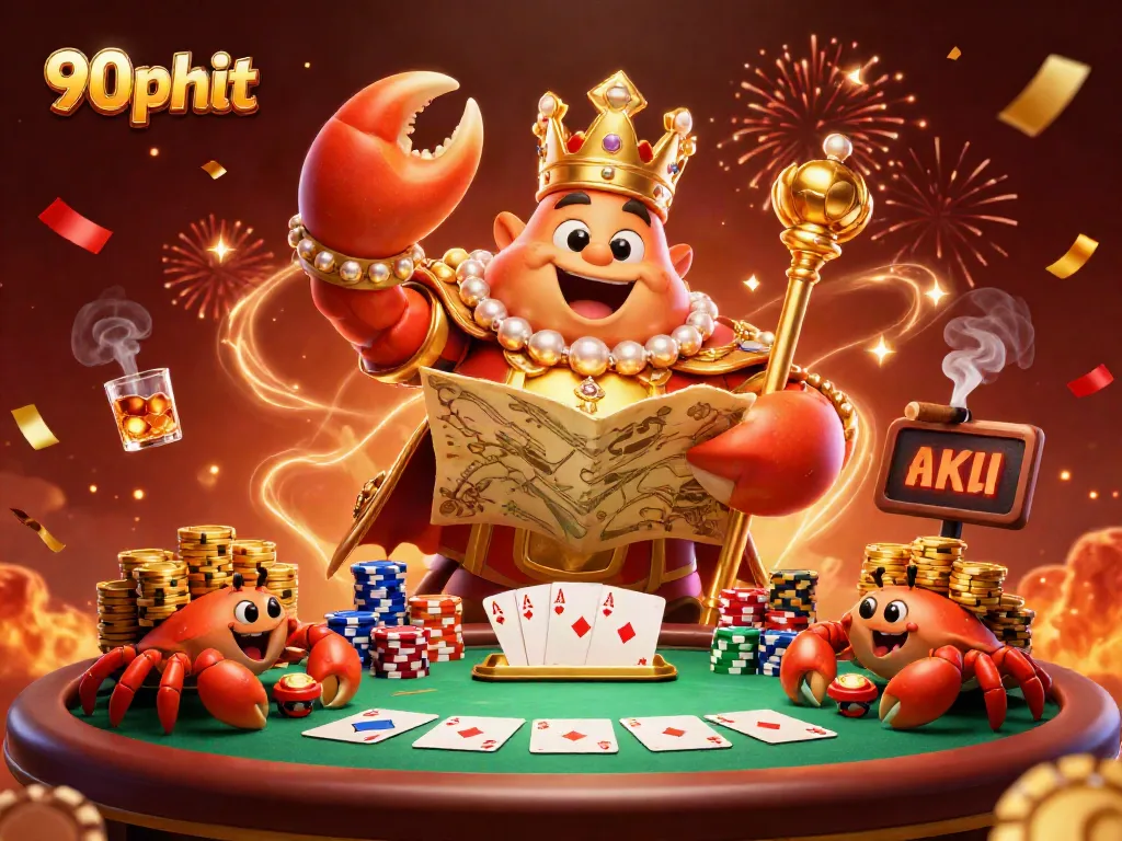 Engage in thrilling action at 90phut with a grand crab emperor leading a festive casino scene.