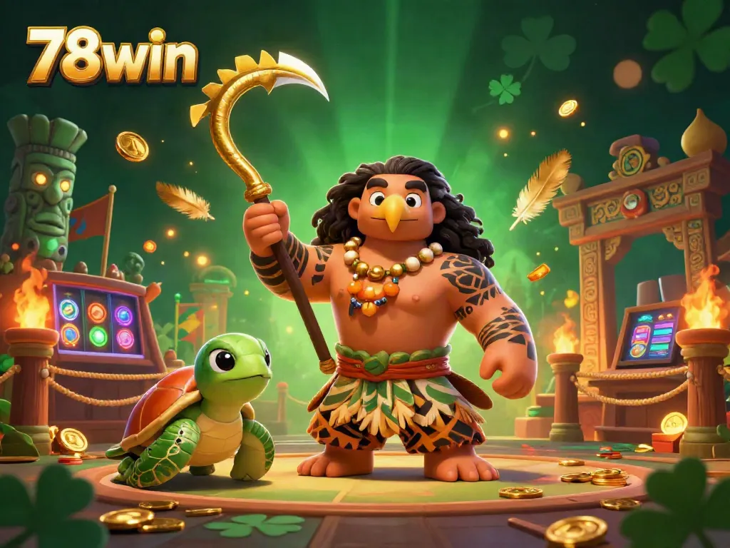 78win showcases thrilling casino action with cartoon demigod and turtle in vibrant gaming scene.