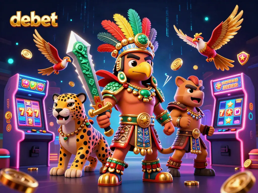 Experience debet with colorful slot reels and Aztec warriors in an exciting casino environment.