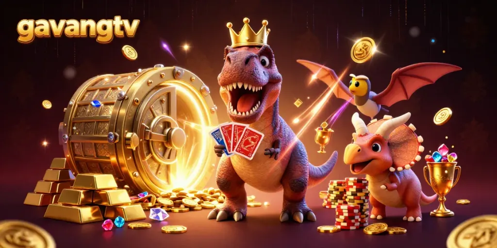 Join the action with gavangtv featuring a dinosaur dealer in a vibrant casino scene.