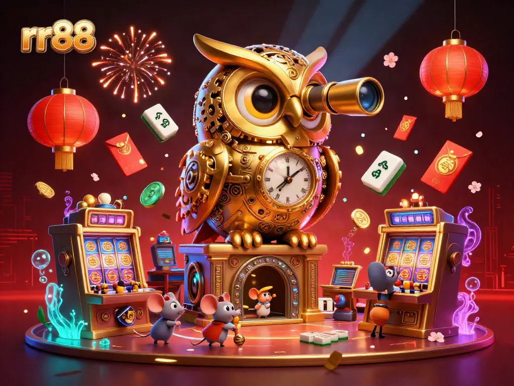Engage in gaming excitement at rr88 with a clockwork owl among vibrant casino elements.