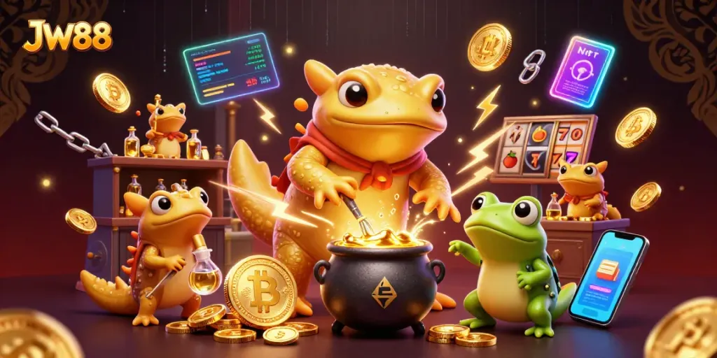Play slots and win big with JW88's vibrant 3D casino scene featuring gold coins and gaming elements