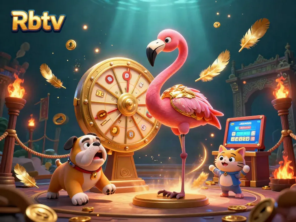 Rbtv menampilkan ilustrasi kasino yang meriah dengan elemen judi dan karakter 3D seru.