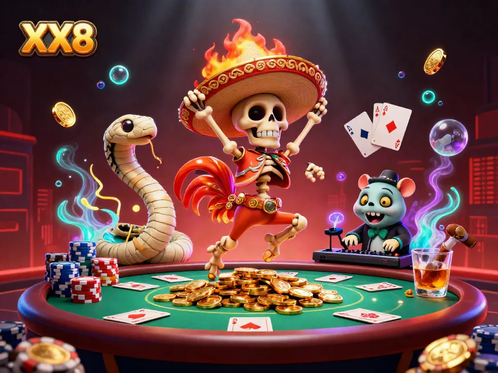 Experience the thrilling energy of XX8 at a vibrant online casino with fun characters and colorful poker elements.
