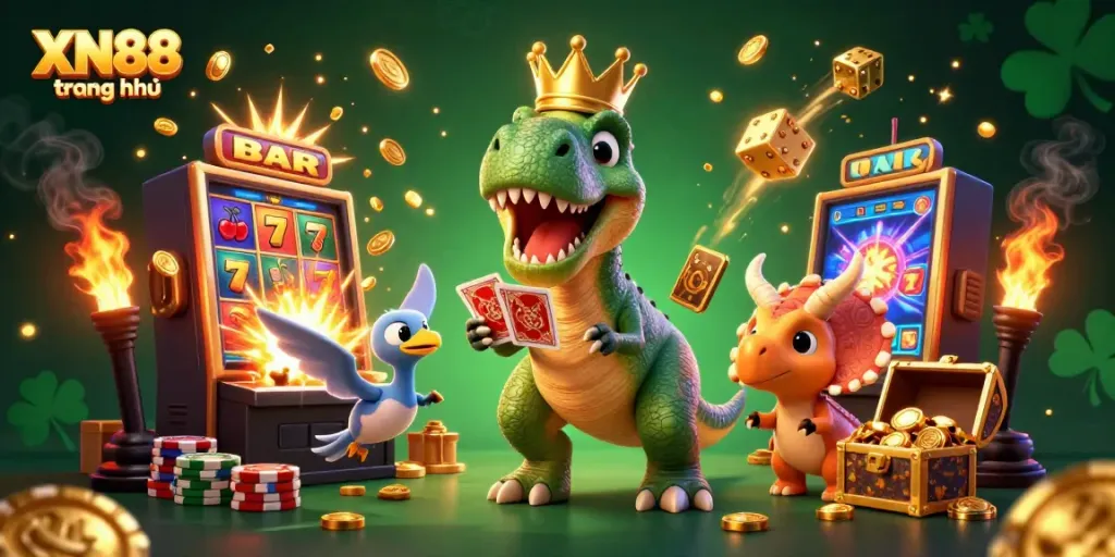 Engage with XN88 trang chủ through a playful casino-themed illustration showcasing vibrant characters and gambling elements.