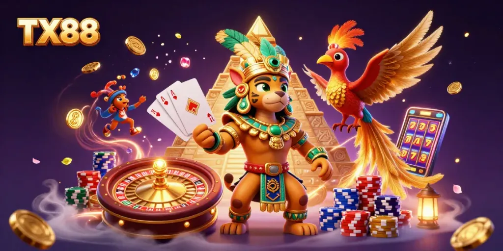 Experience the thrilling TX88 casino with vibrant visuals and dynamic symbols of luck.