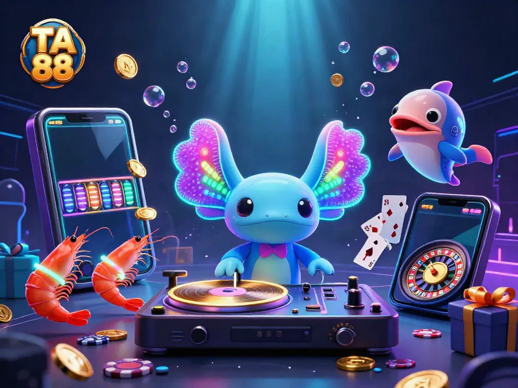 Experience the vibrant energy of TA 88 with a neon-colored axolotl DJ and dancing shrimp in this captivating casino scene.
