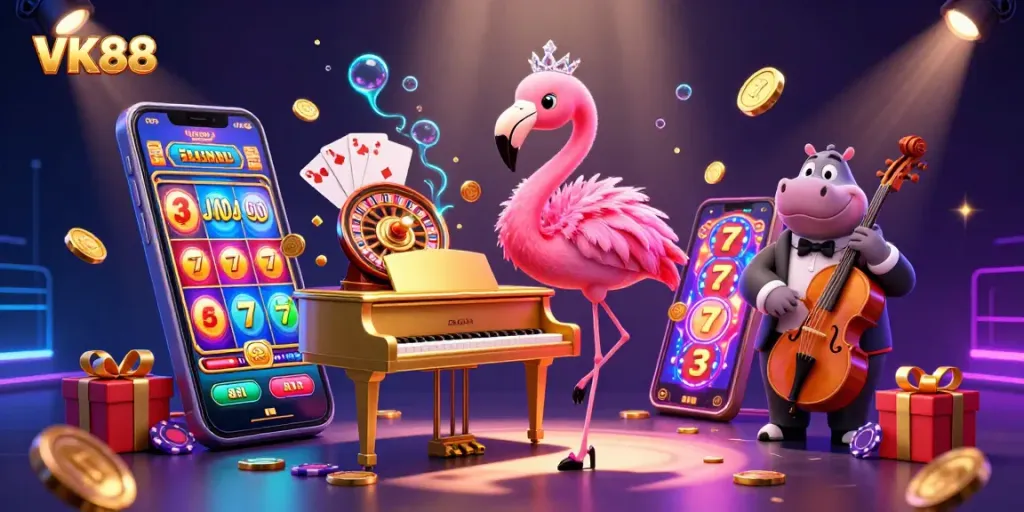 VK88 showcases a vibrant casino scene with a flamingo singer and hippo bassist, highlighting thrilling slots action.