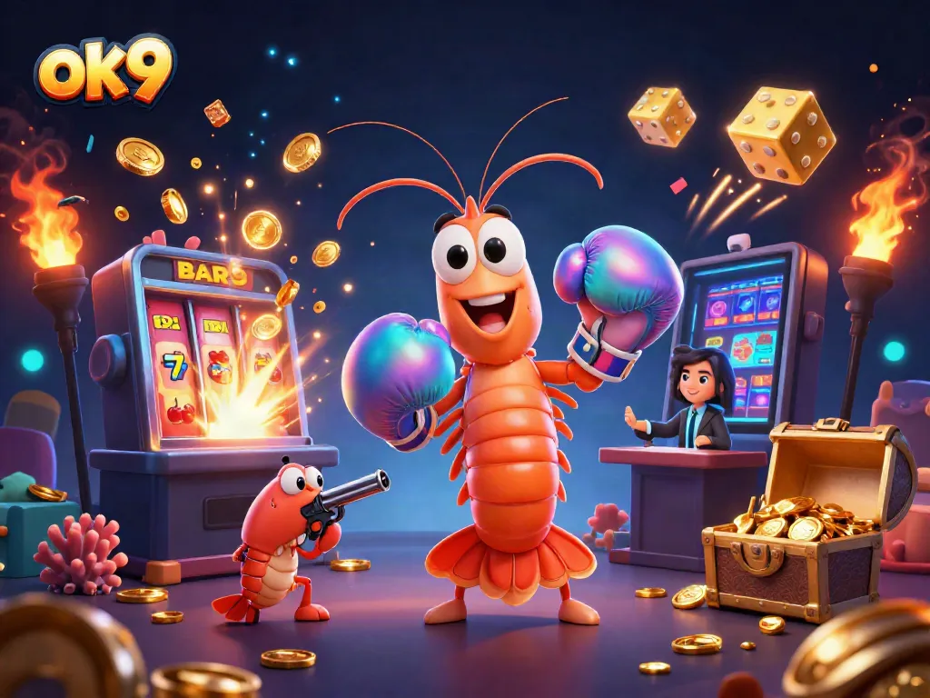 Engage with the thrilling world of ok9 through this dynamic casino-themed illustration featuring vibrant characters and game elements.