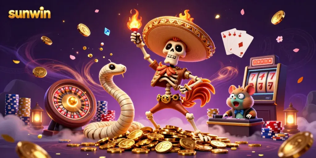 Experience the thrill of sunwin with lively gaming elements and fun characters in this vibrant 3D casino scene.