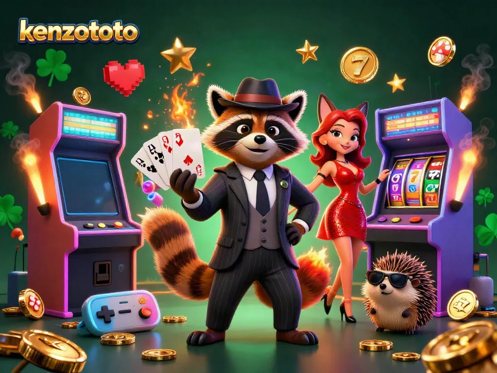 Experience exciting gameplay at kenzototo with a dynamic illustration featuring vibrant arcade games, critical game elements, and charming characters.