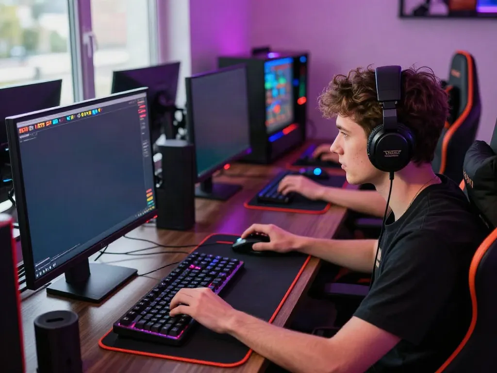 Engaged player interacting with an RTP slot game on a computer screen in a modern gaming setup.