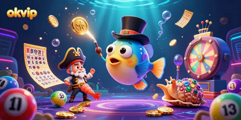 Catching golden coins with OKVIP: A vibrant underwater casino scene featuring unique characters and gaming elements.