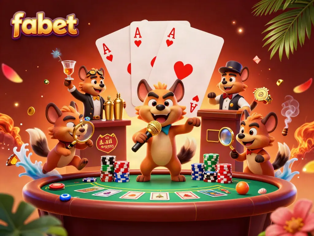 Experience live betting action with fabet in a vibrant casino scene featuring animated hyenas.