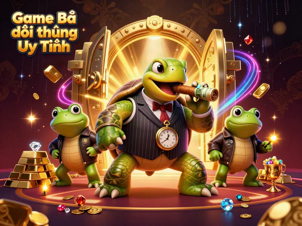 Experience the thrill of Game Bài Đổi Thưởng Uy Tín with a cartoon casino scene featuring vibrant characters and treasures.