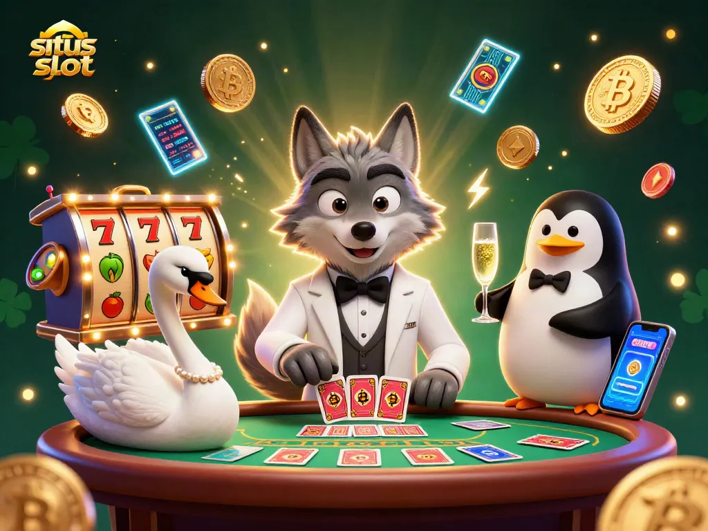 Spin the reels with situs slot at a lively casino featuring classic characters and modern crypto elements.